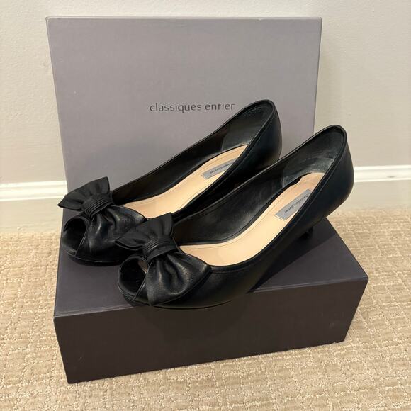 Classiques‎ Entier Women's Low Peep Toe Bow Front Black Leather Pumps Sz 8.5 EUC - Picture 1 of 6